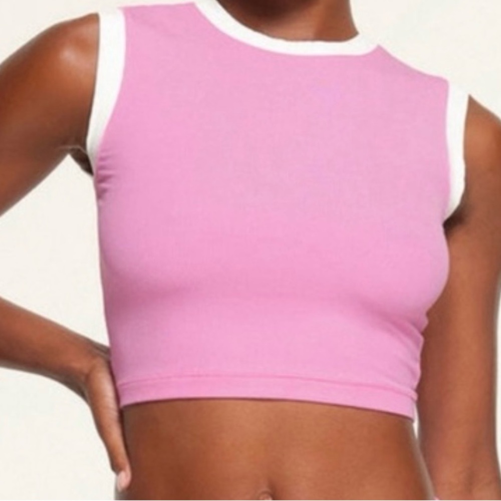 Ribbed Cropped Tank Top Blush & White Trim | S | NWOT